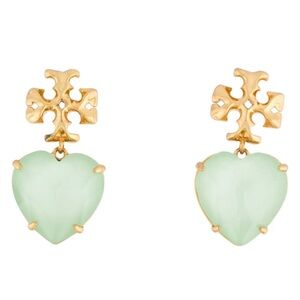 Stunning Tory Burch Gold Green Carved Crystal Heart Kira Drop Earrings